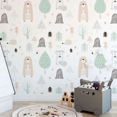 Papier peint adhésif animaux de la forêt vert beige et gris en vinyle lavable et amovible - 1 rouleau 50x300 cm - Decochic