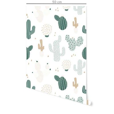 Papier peint adhésif cactus vert et beige en vinyle lavable et amovible - 1 rouleau 50x300 cm - Decochic