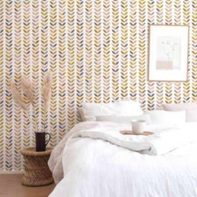 Papier peint adhésif feuilles vintage moutarde et rose en vinyle lavable et amovible - 1 rouleau 50x300 cm - Decochic