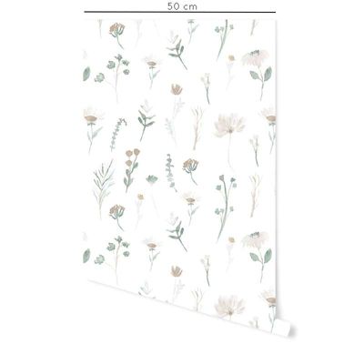 Papier peint adhésif fleuri vert et beige en vinyle lavable et amovible - 1 rouleau 50x300 cm - Decochic