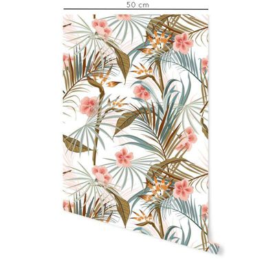 Papier peint adhésif fleurs tropicales vert et rose en vinyle lavable et amovible - 1 rouleau 50x300 cm - Decochic