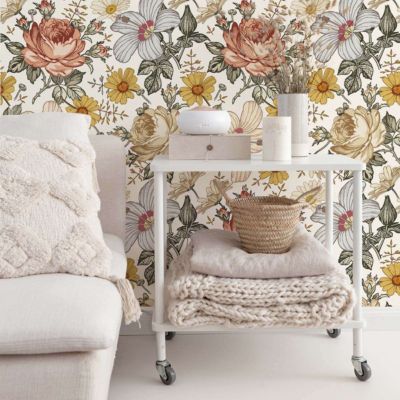 Papier peint adhésif fleurs vintage rose et moutarde en vinyle lavable et amovible - 1 rouleau 50x300 cm - Decochic