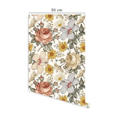 Papier peint adhésif fleurs vintage rose et moutarde en vinyle lavable et amovible - 1 rouleau 50x300 cm - Decochic