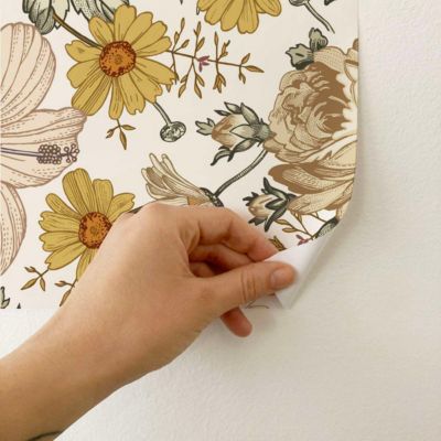 Papier peint adhésif fleurs vintage rose et moutarde en vinyle lavable et amovible - 1 rouleau 50x300 cm - Decochic