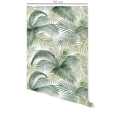 Papier peint adhésif jungle tropicales vert et blanc en vinyle lavable et amovible - 1 rouleau 50x300 cm - Decochic