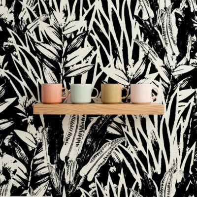 Papier peint avec feuilles extotiques noires et élégantes - 425x260 cm (l x h)