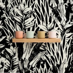 Papier peint avec feuilles extotiques noires et élégantes - 85x260 cm (l x h)