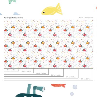 Papier peint avec sous-marins et poissons - 340x260 cm (l x h)