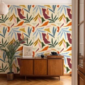Papier peint beige avec grandes formes végétales aux allures abstraites - 340x260 cm (l x h)