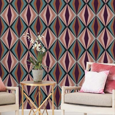 Papier peint Bensimon vinyle intissé losange seventies Rose et vert