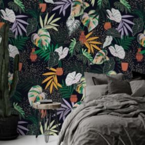 Papier peint botanique avec des feuilles d'alocasia et des palmiers - 255x260 cm (l x h)