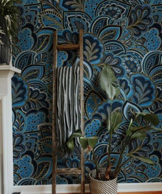 Papier peint botanique avec plantes et fleurs bleues - 85x260 cm (l x h)