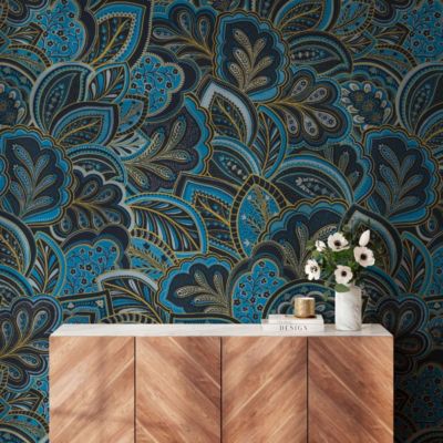 Papier peint botanique avec plantes et fleurs bleues - 85x260 cm (l x h)
