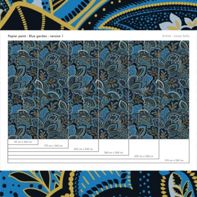 Papier peint botanique avec plantes et fleurs bleues - 85x260 cm (l x h)