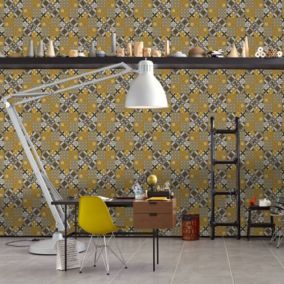 Papier peint  - Effet mosaïque colorée (10mx 0.53 m - Jaune moutarde)