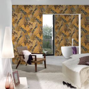Papier peint en mur végétal (10mx 0.53 m - Jaune moutarde)