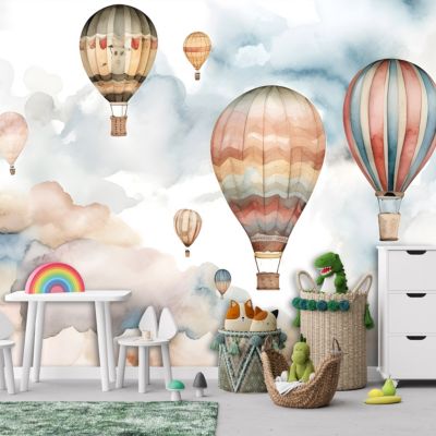 Papier Peint Enfant Ballons Nuages Pastel Intissé Panoramique 250x175 cm - Colle Inclus - Chambre Enfant - Moderne Trompe l'oeil