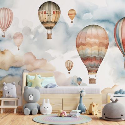 Papier Peint Enfant Ballons Nuages Pastel Intissé Panoramique 250x175 cm - Colle Inclus - Chambre Enfant - Moderne Trompe l'oeil