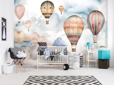 Papier Peint Enfant Ballons Nuages Pastel Intissé Panoramique 250x175 cm - Colle Inclus - Chambre Enfant - Moderne Trompe l'oeil