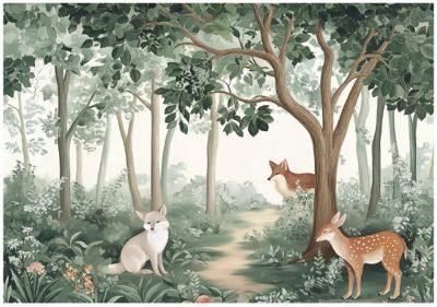Papier Peint Enfant Forêt Animaux Intissé Panoramique 350x250 cm - Colle Inclus - Moderne Papier Peint Chambre Enfant