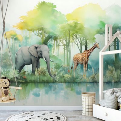 Papier Peint Enfant Forêt Animaux Intissé Panoramique 400x280 cm - Colle Inclus - Chambre Enfant - Moderne Papier Peint