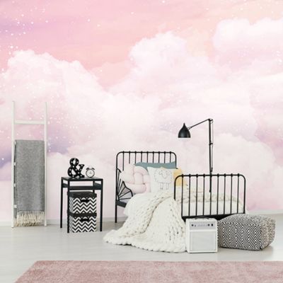 Papier Peint Enfant Nuages Rose Ciel Intissé Panoramique 200x140 cm - Colle Inclus - Chambre Enfant - Moderne Trompe l'oeil