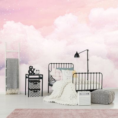 Papier Peint Enfant Nuages Rose Ciel Intissé Panoramique 350x250 cm - Colle Inclus - Chambre Enfant - Moderne Trompe l'oeil