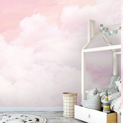 Papier Peint Enfant Nuages Rose Ciel Intissé Panoramique 350x250 cm - Colle Inclus - Chambre Enfant - Moderne Trompe l'oeil