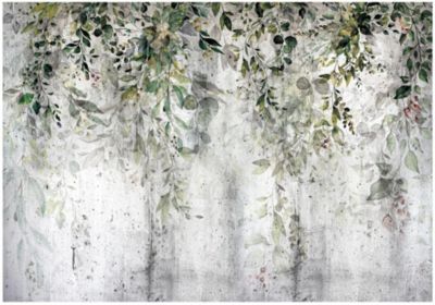 Papier Peint Feuilles Béton Vert Intissé Panoramique 350x250 cm - Colle Inclus - Chambre et Salon - Moderne Papier Peint