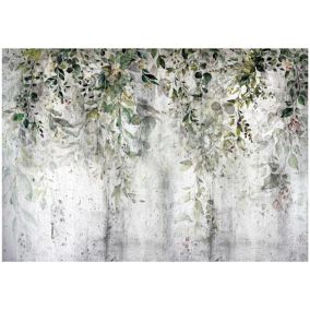 Papier Peint Feuilles Béton Vert Intissé Panoramique 400x280 cm - Colle Inclus - Chambre et Salon - Moderne Papier Peint