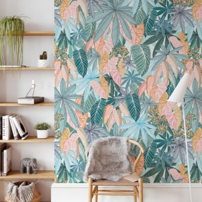 Papier peint feuilles et fleurs colorés - 170x260 cm (l x h)