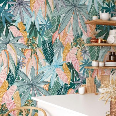 Papier peint feuilles et fleurs colorés - 170x260 cm (l x h)