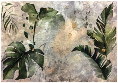 Papier Peint Feuilles Vintage Béton Intissé Panoramique 300x210 cm - Colle Inclus - Chambre et Salon - Moderne Papier Peint