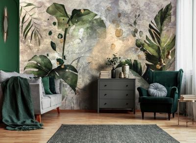 Papier Peint Feuilles Vintage Béton Intissé Panoramique 300x210 cm - Colle Inclus - Chambre et Salon - Moderne Papier Peint