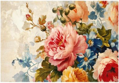 Papier Peint Fleurs Pivoines Béton Intissé Panoramique 150x105 cm - Colle Inclus - Chambre et Salon - Moderne Papier Peint