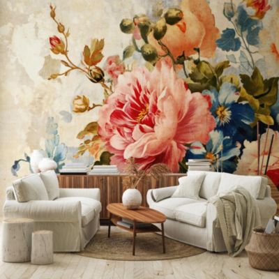 Papier Peint Fleurs Pivoines Béton Intissé Panoramique 150x105 cm - Colle Inclus - Chambre et Salon - Moderne Papier Peint