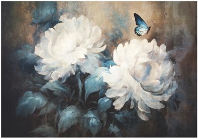 Papier Peint Fleurs Pivoines Béton Intissé Panoramique 300x210 cm - Colle Inclus - Chambre et Salon - Moderne Papier Peint
