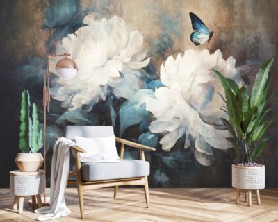 Papier Peint Fleurs Pivoines Béton Intissé Panoramique 300x210 cm - Colle Inclus - Chambre et Salon - Moderne Papier Peint