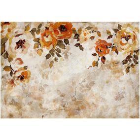 Papier Peint Fleurs Pivoines Béton Vintage Intissé Panoramique 350x250 cm - Colle Inclus - Chambre et Salon - Moderne Papier Peint
