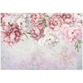 Papier Peint Fleurs Rose Pivoines Intissé Panoramique 350x250 cm - Colle Inclus - Chambre et Salon - Moderne Papier Peint