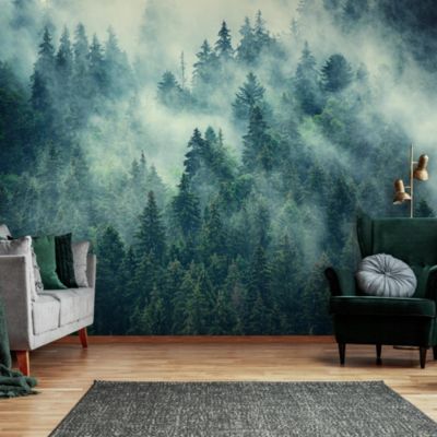 Papier Peint Forêt Brouillard Vert Nature Intissé Panoramique 350x250 cm - Colle Inclus - Chambre et Salon - Moderne Papier Peint