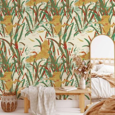 Papier peint Hérons - Paysage mare de roseaux - Heronry - version 2 - 85x260 cm (l x h)