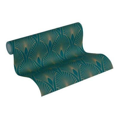 Papier peint imprimé Glamour - Petrole Or - 10 x 0,53 m