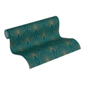 Papier peint imprimé Glamour - Petrole Or - 10 x 0,53 m