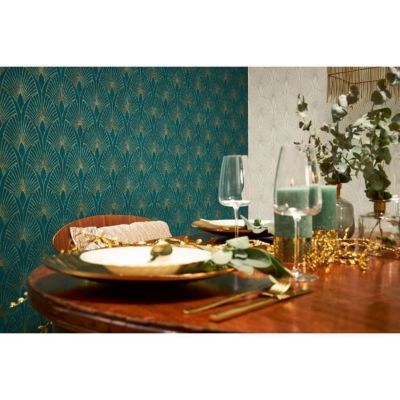 Papier peint imprimé Glamour - Petrole Or - 10 x 0,53 m