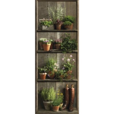Papier peint intissé 250 cm X 96 cm, décor rustique avec étagère, plantes vertes et bottes anciennes