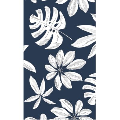 Papier peint intissé 250x150cm, motifs feuilles blanches sur fond bleu ...