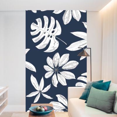 Papier peint intissé 250x150cm, motifs feuilles blanches sur fond bleu ...