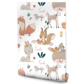 Papier Peint Intissé ANIMAUX Foret Lapins Renards Cerf Ecureuils Pour Chambre D'Enfant