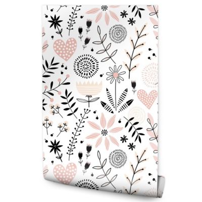 Papier Peint Intissé COEURS Brindilles Fleurs Feuilles Colorées Pour Chambre D'Enfant